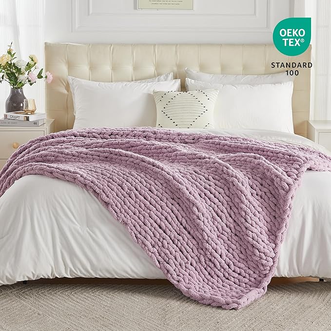 Carriediosa Chunky Knit Throw Blanket 60" X 80" Twin, 100% Hand Made Large Chenille Loop Yarn Soft Fluffy Throws for Couch Sofa Bed, Big Crochet Cozy Heavy Thick Cable Woven Blankets, Purple