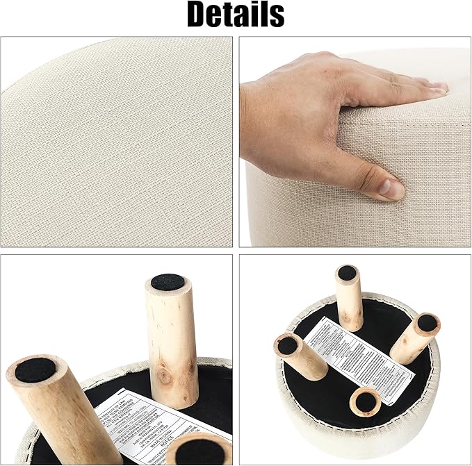 Asense Small Round Ottoman Foot Rest Stool Fabric Padded Seat Footstool Ottoman with Non-Skid Wooden Legs (Beige,Fabric)