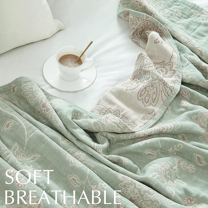 jinchan Boho 100% Cotton Muslin Queen Size 80x90 Inches Blanket Lightweight 4-Layer Quilted Soft Green and Beige Floral Throw Blanket Reversible Comfy Flower Rustic All Seasons Couch Bedroom Decor