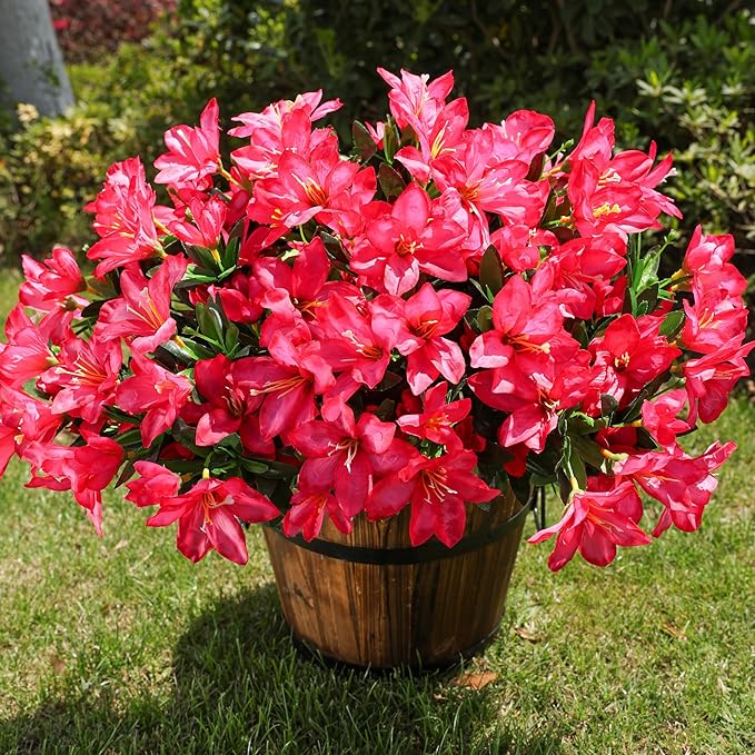 Artificial Flowers for Outdoors, 3 Bundles Fake Silk Azalea Bouquet Faux Flower Plants Outside Decoration UV Resistant Realistic Fake Flowers for Planter Front Door Patio Garden Walkways Home, Hotpink