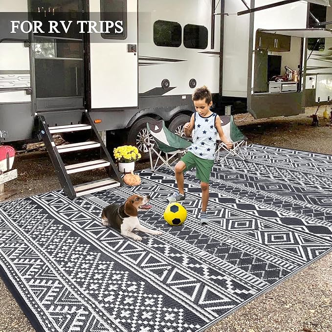 GAOMON Outdoor Rug 9'x12' Waterproof Rug for Patio Decor, Foldable Reversible Plastic Straw Area Rugs Mat for Camper, Outside Carpet for Deck, Porch, Picnic, Beach, Grey/White(Bohemia)