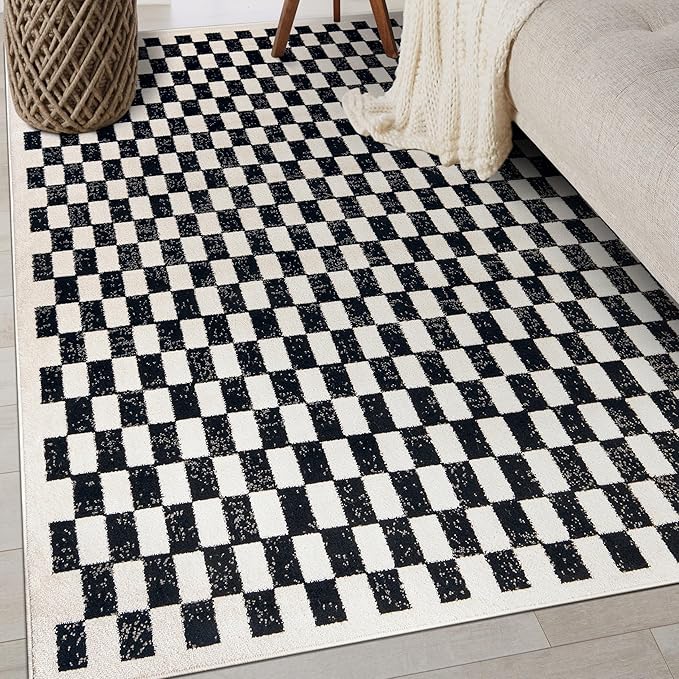 Rugshop Black and White Checkered Area Rug – High-Contrast Grid Pattern Carpet for Living Room, Bedroom, or Dorm – Trendy Contemporary Soft Floor Décor 4' x 6' Black