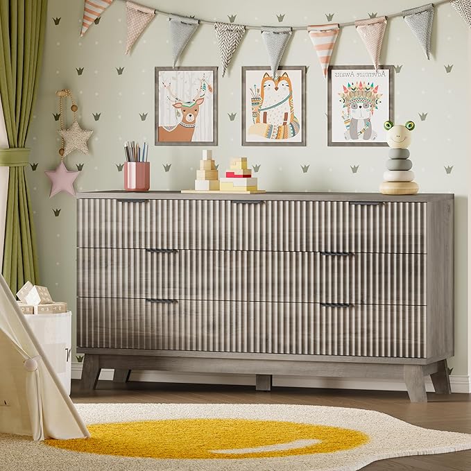 57" Long Dresser for Bedroom, 7-Drawer Fluted Chest, Wide Wood Storage Dresser with Metal Slides and Handles, Stable Base, Modern Clothes Organizer for Primary Suite, Guest Room, Nursery