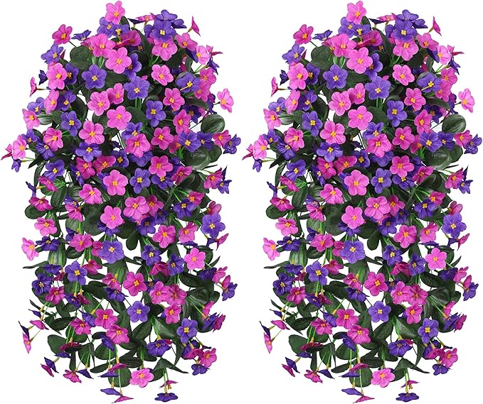 Artificial Fake Hanging Flowers Plants for Outdoor Outside Fall Decor, 2 PCS Faux Silk Daisy Mums Vines UV Resistant Realistic for Home Porch Patio Balcony Planter Decoration(Dark Purple and Fuchsia)