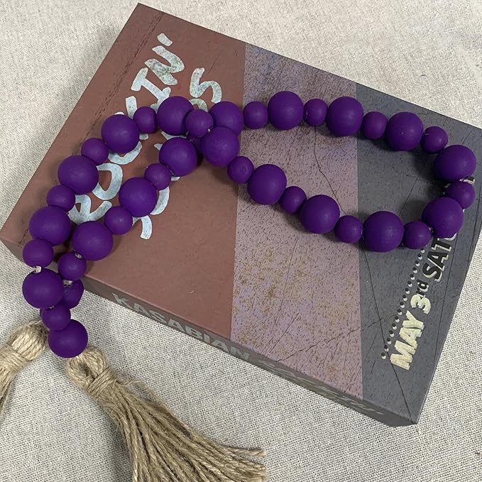 Handcrafted Farmhouse Wooden Decorative Beads Garland, Table Tray Boho Wood Beads with Tassel, Small Rustic Antique Decor for Home and Events (Royal Purple)