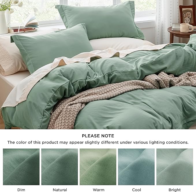 Bedsure Sage Green Duvet Cover Full Size - 3 Pieces Prewashed Extra Soft Cotton-Like Bedding Set, Includes 1 Duvet Cover 80x90 Inches with Zipper Closure & 2 Pillow Shams, Comforter Not Included