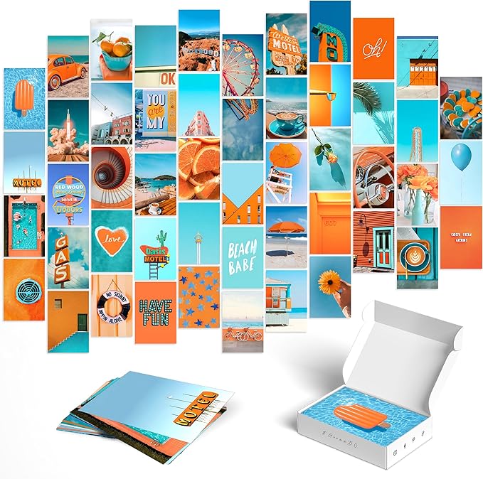 Y2K BOO Peachy Teal Wall Collage Kit - 50 Trendy Peach and Teal Aesthetic Photos for Dreamy Spaces, Perfect Room Decor for Teens, 4"x6" Preppy Wall Art for College Dorms
