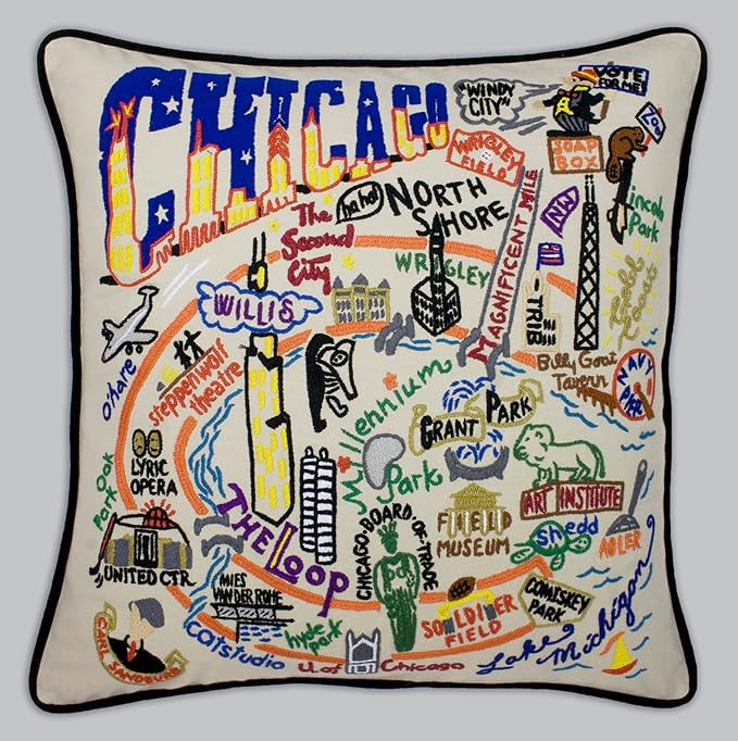 Catstudio Chicago Embroidered Pillow - U.S. City Souvenir Decorative Throw Pillow with Original Artwork for Chicago Lovers, Travel Souvenir