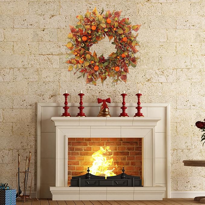 22 inch Artificial Fall Wreaths for Front Door,Autumn Wreath with Pumpkin and Maple Leaves Suitable for Indoor Outdoor Wall Porch Harvest Festival Thanksgiving Day Farmhouse Holiday Decor.
