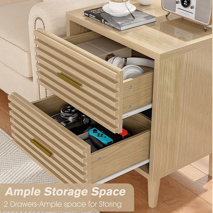 Alohappy Nightstand, Bedside Table for Bedroom, End Table with 2 Drawers, Mid Century Modern Side Table with Storage Bed Side Table Vintage Furniture Wood Accent Table for Living Room, Oak 1pc