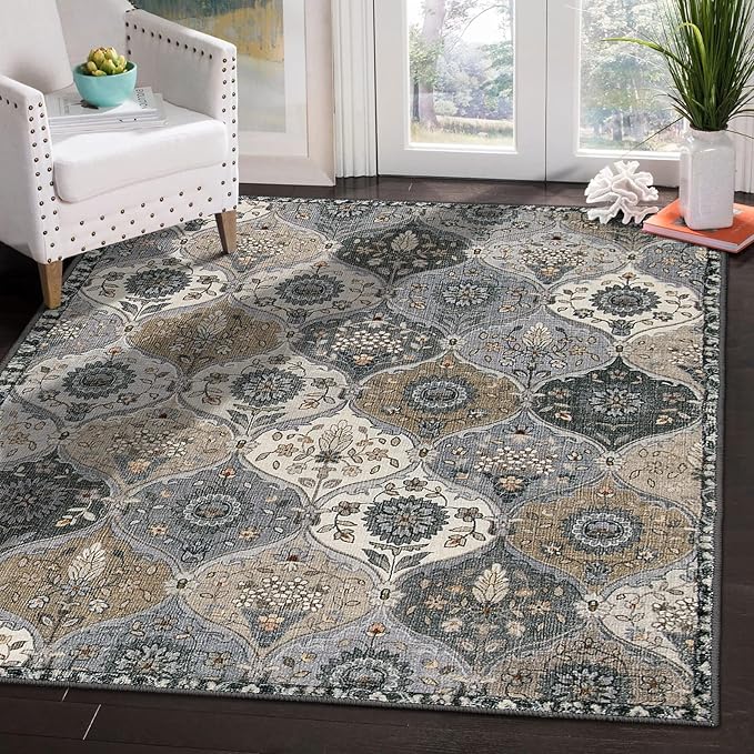 Lahome Moroccan Machine Washable Area Rugs, 4x6 Rug for Living Room Bedroom, Soft Non-Slip Rug Vintage Trellis Ultra-Thin Throw Carpet for Dining Room Office, Grey