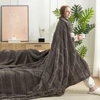 Amélie Home Luxury Striped Faux Fur Throw Blanket for Couch, Embossed Split Fur Cozy Fuzzy Fluffy Luxurious Soft Plush Sofa Chair Bed Gift Blankets for Women Men Wife Friend, 55"x70", Charcoal Gray