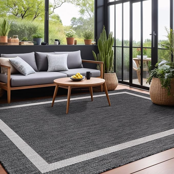 Bordered Outdoor Rug 8x10 Washable Outside Carpet for Indoor Patio Porch Waterproof Easy Cleaning Non Shedding Area Rugs Gray 8 x 10