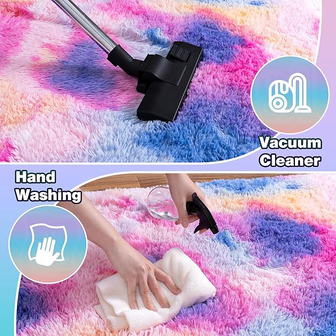 6x9 Fluffy Fuzzy Area Rug for Living Room Bedroom, Ultra Soft Large Living Room Rugs, Non Slip Thick Shag Rug for Dorm, Kids Girls Boys Rug for Home Decor Aesthetic, Dark Rainbow