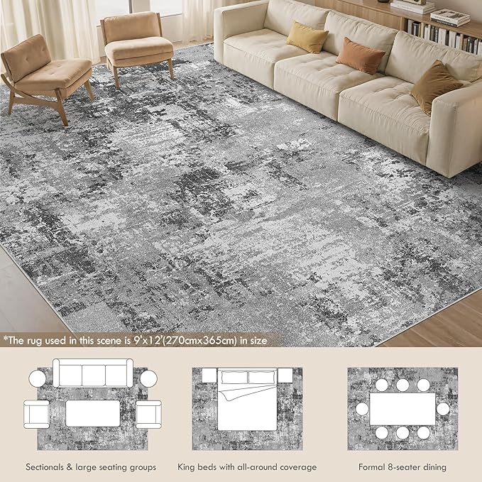 Tortania Washable 9x12 Area Rug for Living Room: Modern Abstract Neutral Large Soft Thin Rugs - Non Slip Indoor Carpet for Bedroom Dining Room Office Nursery Home Floor Decoration - Grey