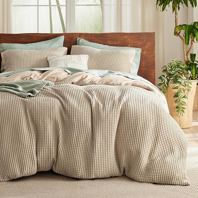 Bedsure Cooling Waffle Duvet Cover King - Cotton Blend Rayon Derived from Bamboo Duvet Cover Set for Hot Sleepers, Breathable Bedding Set with a Vintage Charm, 3 Pieces (Taupe, King, 104"x90")