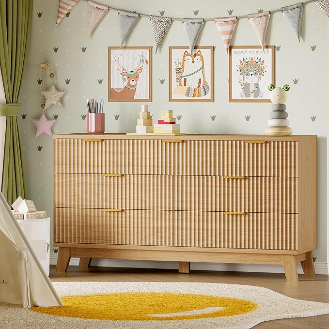 57" Long Dresser for Bedroom, 7-Drawer Fluted Chest, Wide Wood Storage Dresser with Metal Slides and Handles, Stable Base, Modern Clothes Organizer for Primary Suite, Guest Room, Nursery