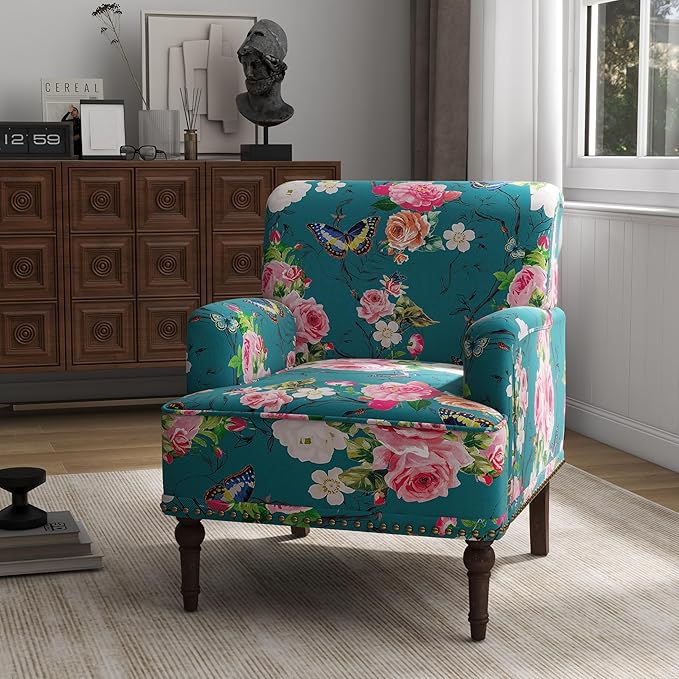 UIXE Floral Accent Chair, Living Room Arm Chairs Modern Nailhead Trim Club Armchair with Wood Legs, Comfy Upholstered Sofa Lounge Seat Reading Seat Bedroom Side Seating for Home Office