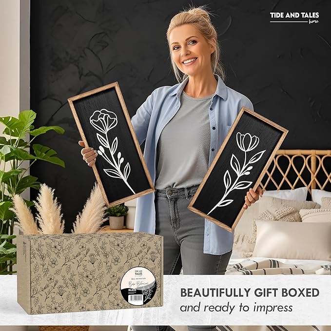 3D Vintage Black Living Room Decor (Set of 2) Lightweight, Wooden Ready-to-Hang Framed Moody Floral Wall Art for Bathroom, Bedroom or Office - Dark Textured Boho Farmhouse Wall Decor - Gift-Boxed
