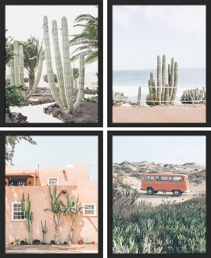 SIGNWIN Framed Cactus Desert Wall Art, Set of 4 Cactus Desert Wall Decor Prints, Nature Wilderness Wall Décor for Living Room, Bedroom - 11"x14"x 4 Black