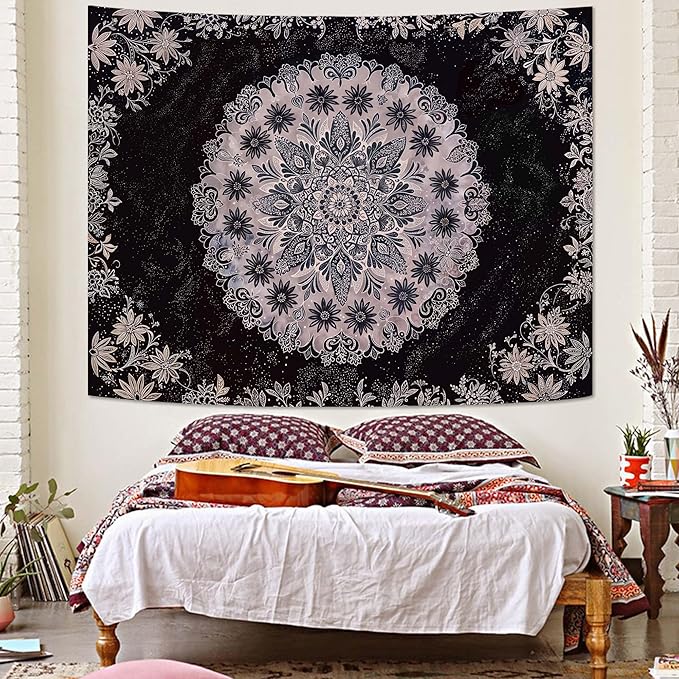 Fowocu Boho Floral Mandala Tapestry Wall Hanging Grey Bohemian Flower Medallion Tapestry Aesthetic Gray Black Hippie Indian Small Tapestries for Bedroom Living Room Dorm Decor 48 x 36 Inch