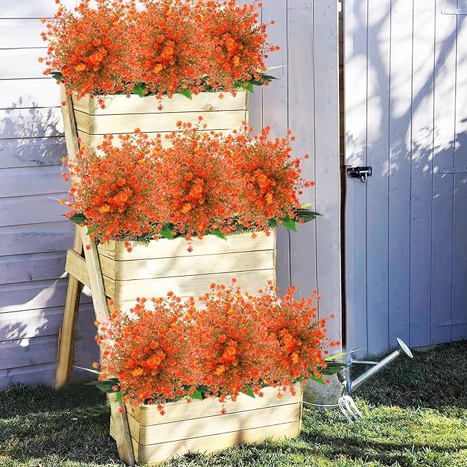 Uieke 24PCS Artificial Fall Flowers for Outdoors UV Resistant Faux Autumn Plants Bushes No Fade Plastic Plants for Outside Garden Porch Window Box Fall Décor Orange