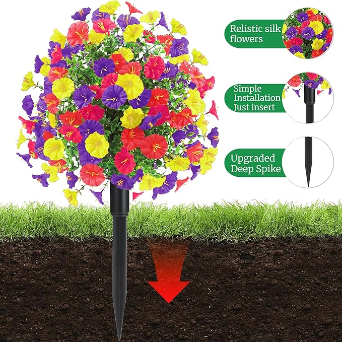 22.8" Set of 2 Fall artificial Boxwood topiary Ball tree for outdoors with Spike,UV Resistant Faux Shrubs Outdoor with morning glory flowers,Faux Plants Bushes for Garden Porch Yard Patio Decor Mix