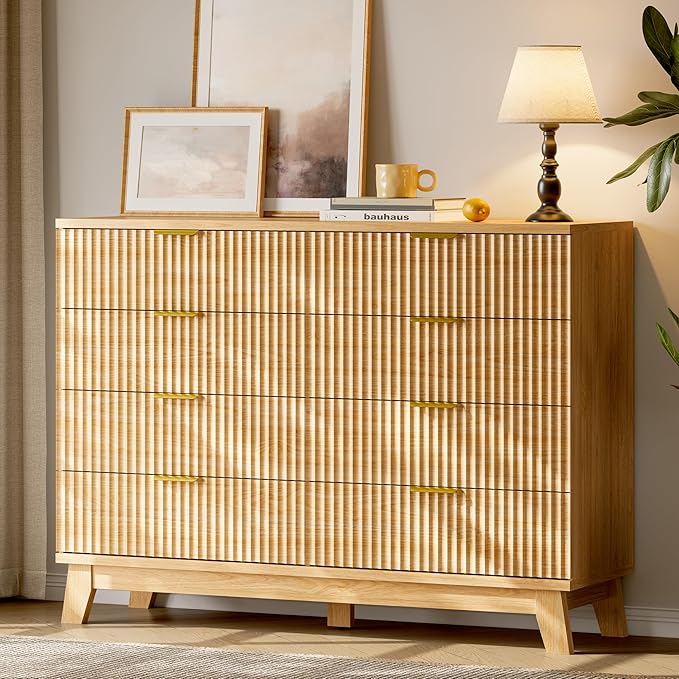 Fluted Dresser with 8 Drawers, 54" Wide Modern Chest of Drawers with Metal Handle, Wooden Dresser TV Stand, Wood Closet Clothes Storage Organizer for Bedroom, Living Room, Hallway, Natural Oak