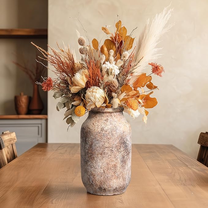 Rustic Terracotta Vase, Farmhouse Ceramic Vase, Decorative Clay Vintage Vases for Home Decor, Living Room,Table, Shelf Decor, 9 inch, Brown