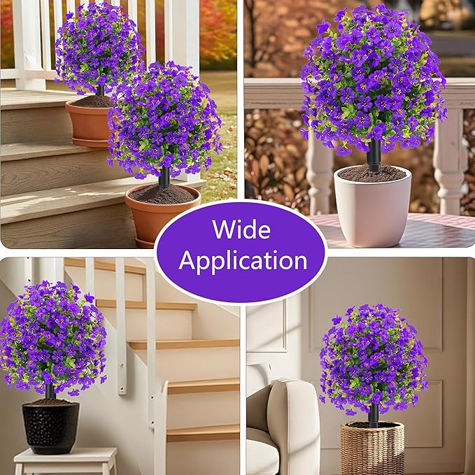 22.8" Set of 2 Fall Artificial Boxwood Topiary Ball Trees with Spikes,UV Resistant Fake Outdoor shrubs with Violet Flowers, Realistic Faux Plants Bushes for Garden Porch Yard Patio Decor(Purple)