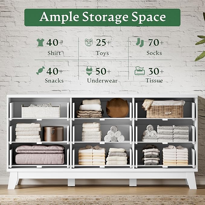 Fluted Dresser with 9 Drawers, 63" Wide Modern Chest of Drawers with Metal Handle, Wooden Dresser TV Stand, Wood Closet Clothes Storage Organizer for Bedroom, Living Room, Hallway, Solid White