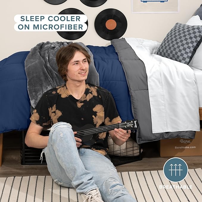 Bare Home Comforter - Twin/Twin Extra Long - Reversible Colors - Goose Down Alternative - Ultra-Soft - Premium 1800 Series - All Season Warmth - Bedding Comforter (Twin/Twin XL, Dark Blue/Grey)