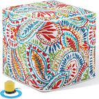 Juexica 1 Pack Ottoman Poufs Indoor Outdoor Inflatable Ottoman Stool Cube Pouffe Square Footstool with Handle for Patio Garden Home Boho Decorative Living Room, Bedroom (16 x 16 x 16 Inches)