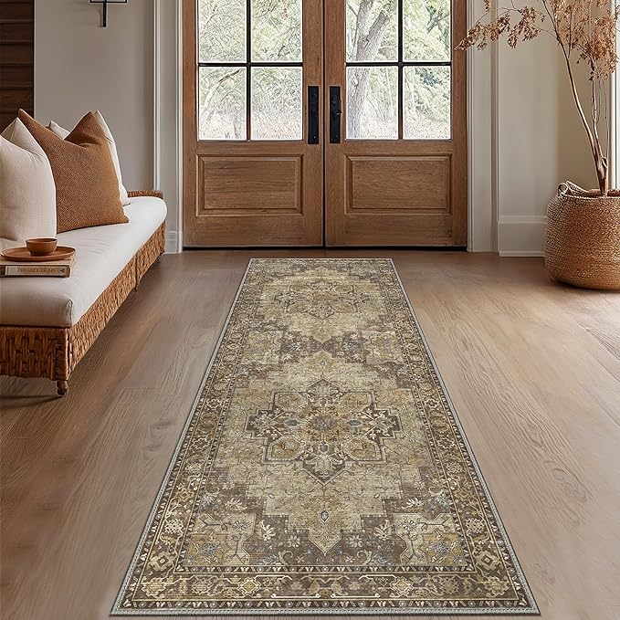 GENIMO 3x7 Runner Rugs for Hallway, Machine Washable Non Slip Vintage Rugs, Low Pile Lightweight Soft Print Rug for enrtyway, Corridor, Home Office, Kitchen, Rustic Brown