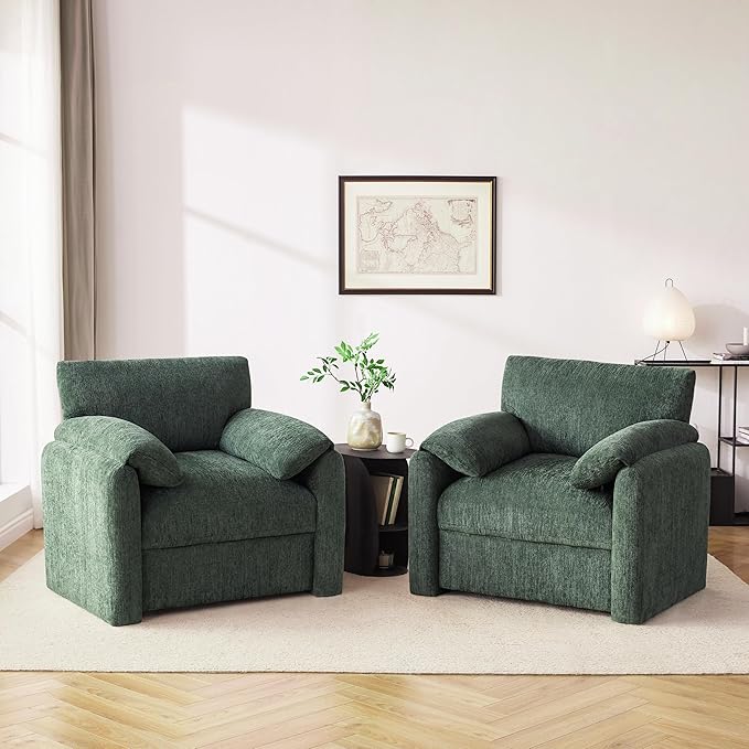 Chenille Oversized Armchair, 38.6" Wide Accent Chairs for Living Room & Bedroom Modern Lounge Chair, Upholstered Mid-Century Reading Chair, Comfy Living Room Chair, Single Sofa Chair, Green