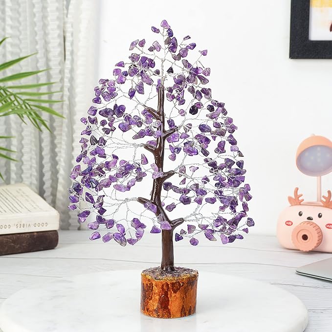 Crocon Amethyst Gemstone Tree Feng Shui Figurine Money Bonsai Good Luck Chakra Balancing Reiki Healing Crystals Decoration Ornament Sculpture Prosperity Table Decor Gift Size 10-12\