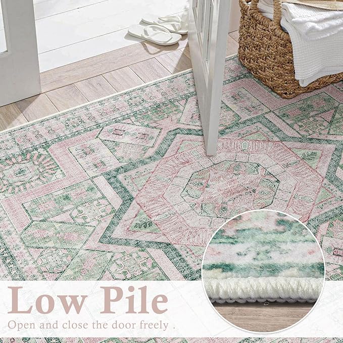 DCX Washable 8x10 Area Rug, Soft Machine Washable Non Slip with Rubber Backing Vintage Rug, Kid & Pet Friendly Living Room Area Rugs 8x10, Foldable Rugs for Bedroom Dining Room Office-Pink & Green