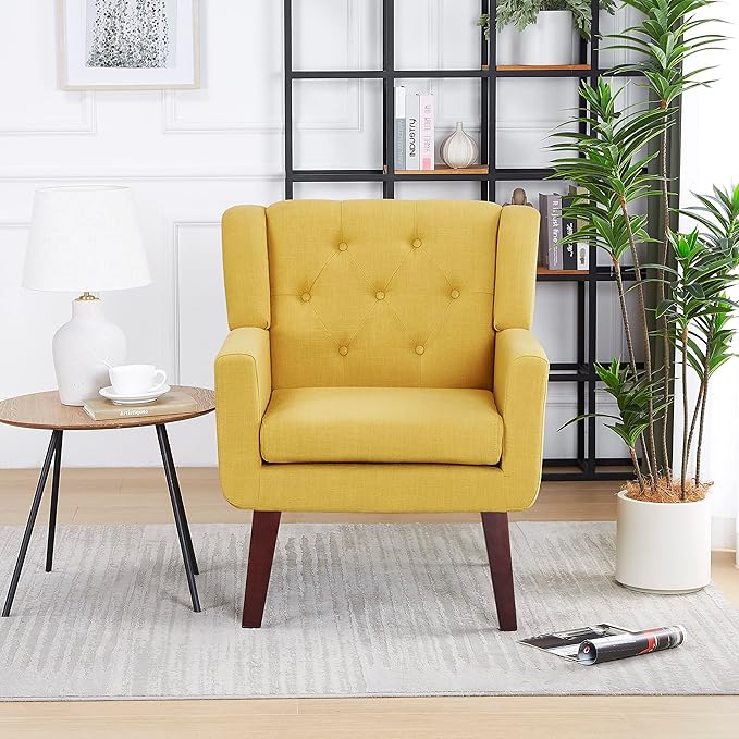 Accent Chairs Set of 2, Button-Tufted Upholstered Living Room Chairs Set of 2, Comfy Reading Chair Mid Century Modern Chairs with Linen Fabric Lounge Arm Chairs for Bedroom (Bright Yellow)