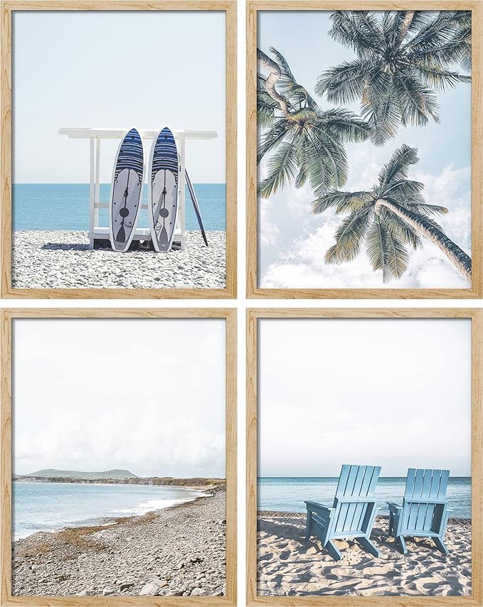 SIGNWIN Poster Bathroom Decor 11"x14"x 4, Wall Art Room Decor Multicolor for Living Room, Bedroom, Office White Surfboard Tropical Palm Tree Beach Shore Nature Wilderness Realism Landscape Colorful