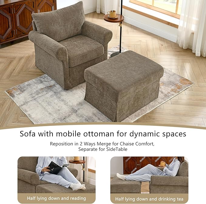 35.82” Accent Chair with Ottoman Upholstered Living Room Chairs for Reading Chair with Chaise Lounge Chairs Indoor, Comfortable Armchair for Bedroom (Brown, 35.82")