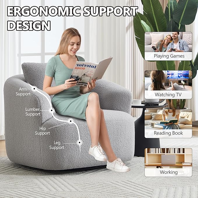 Swivel Accent Chair,360° Rotating Barrel Chair,Teddy Fleece High-Resilience Sponge Single Sofa, Easy Assembly for Living Room, Bedroom, Apartment Light Grey