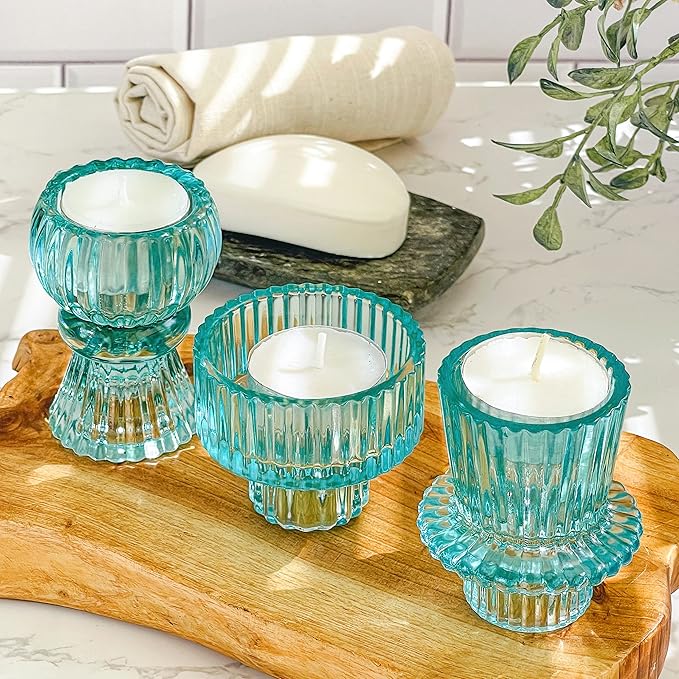 Kate Aspen Vintage Ribbed Glass Black Candlestick Holders, Pillar Candle, Tealight & Votive Candle Holders (Set of 6, 3 Assorted Sizes), Dining Table Decor, Shelf Decor, Centerpiece