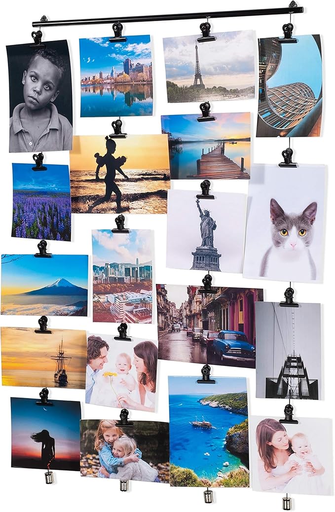 You Have Space 2 Pack Hanging Picture Display Photo Holders with Metal Cable Strings and 40 Magnetic Clips Metal Black