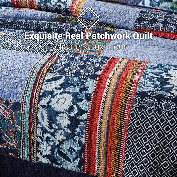 Yvooxny King Quilt Set Reversible Lightweight Bohemian Paisley Patchwork Cotton Quilted Bedspread Coverlet Set 3-Piece Bedding Set with Pillowcases for All Seasons, King Size, 108 * 96 Inches