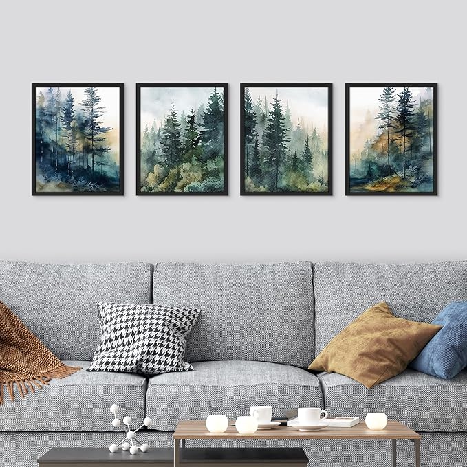 SIGNWIN Framed Poster Green & Teal Watercolor Forest Pine Trees Nature Wilderness Photography Realism Decorative Rustic Cozy Zen for Living Room, Bedroom, Office - 12"x16"x 4 Black