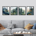 SIGNWIN Framed Poster Green & Teal Watercolor Forest Pine Trees Nature Wilderness Photography Realism Decorative Rustic Cozy Zen for Living Room, Bedroom, Office - 12"x16"x 4 Black