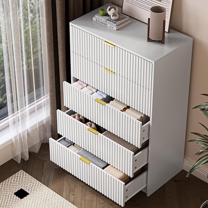 5 Drawer Dresser for Bedroom, Tall Dresser Chest of Drawers with Gold Handles, 32 Inch Wide Nightstand with for Bedroom, Living Rooms, Offices, and Entryways, White