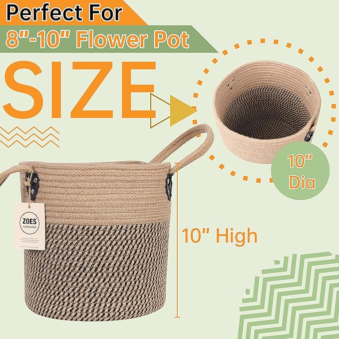 Jute Rope Basket - 10"x10" Woven Plant Pot Holder with Handles, Boho Indoor/Outdoor Planter Cover, Multifunctional Storage