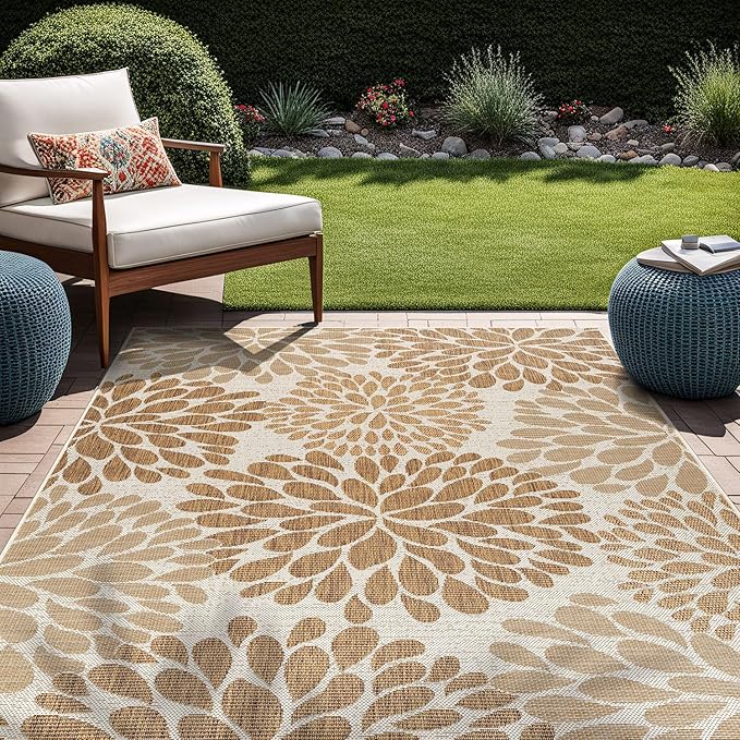 Beverly Rug Outdoor Rug 10x14 Modern Exotic Tropical Leaf Area Rugs for Indoor and Outdoor Patio Deck Porch Garden Water Resistant Washable Outside Carpet (10 x 14 Beige)