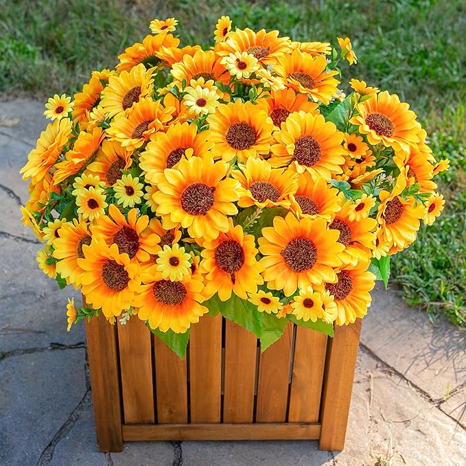 Sunflowers Artificial Flowers, 10 Bunches Fake Sunflower Artificial Flowers for Outdoors Fall Autumn Decoration Look Real UV Resistant Fake Flowers for Home Porch Garden Wedding Party Office Indoor